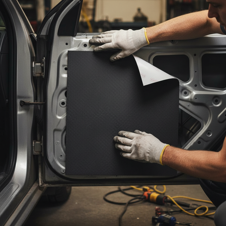 Person installing Premium 4-Layer Soundproofing Material for Vehicles, showcasing acoustic membrane, butyl rubber, and foam insulation on a car door, emphasizing noise reduction, vibration damping, and sound insulation.