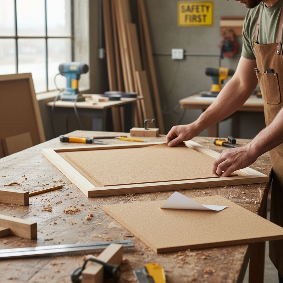 Woodworker fitting Premium Fine Grain Adhesive Cork Sheet - 915mm x 610mm - 2mm Thick - Pack of 2 into a wooden frame on a workbench. Ideal for soundproofing, acoustic insulation, and noise reduction in various applications.