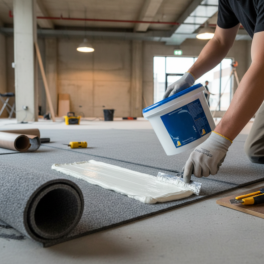 Premium Acrylic Adhesive for Flooring Products - 5L & 15L Tub with High Coverage shown being applied to a concrete subfloor with a trowel, ideal for soundproofing and acoustic insulation projects.