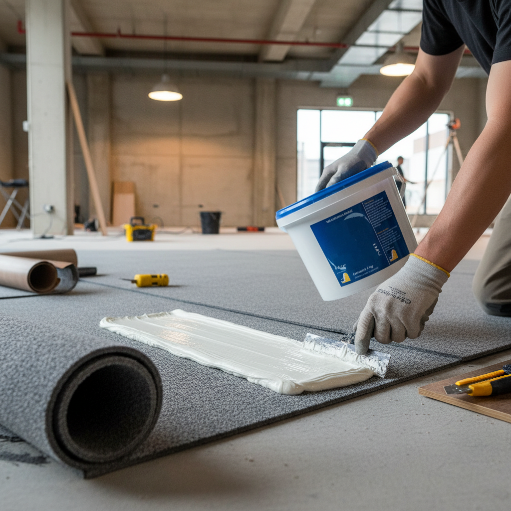 Premium Acrylic Adhesive for Flooring Products - 5L & 15L Tub with High Coverage shown being applied to a concrete subfloor with a trowel, ideal for soundproofing and acoustic insulation projects.