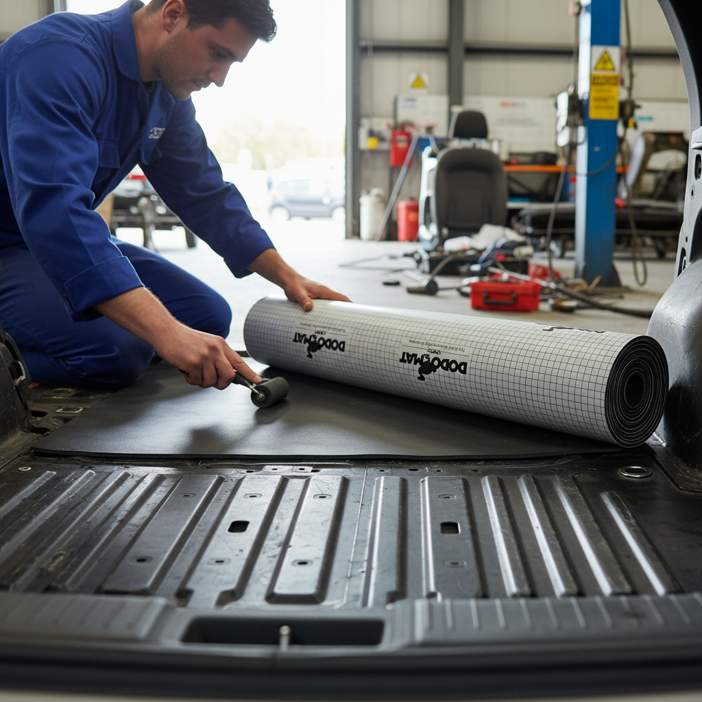Technician fitting Premium 5mm Self-Adhesive Foam Liner Roll for Vehicle Heat and Sound Insulation - 2.5 sq.m Coverage in van, smoothing material with roller for enhanced acoustic and thermal insulation.