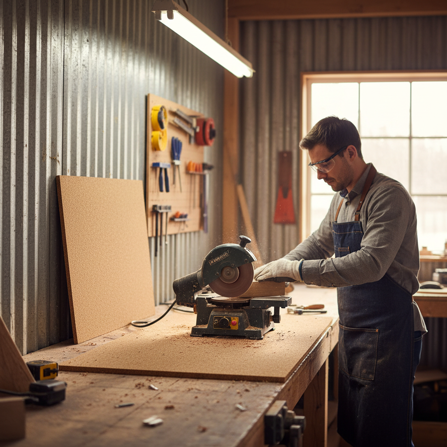 Woodworker in shop with tools and wood shavings, illustrating the versatility of Premium Fine Grain Non-Adhesive Cork Sheets 915mm x 610mm - 10mm Thick - Pack of 2 for soundproofing and acoustic projects.