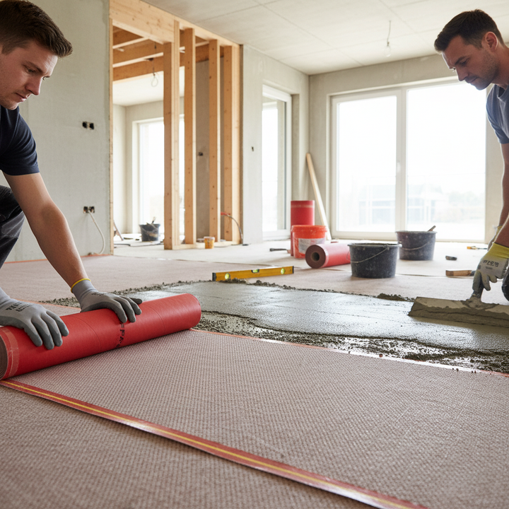 Workers installing Premium Acoustic Underlay for Underfloor Heating & Cooling - 1.2mm Thick with Superior Sound Reduction and Moisture Barrier Protection, emphasizing soundproofing and acoustic insulation amidst renovation materials like compound buckets and a spirit level.