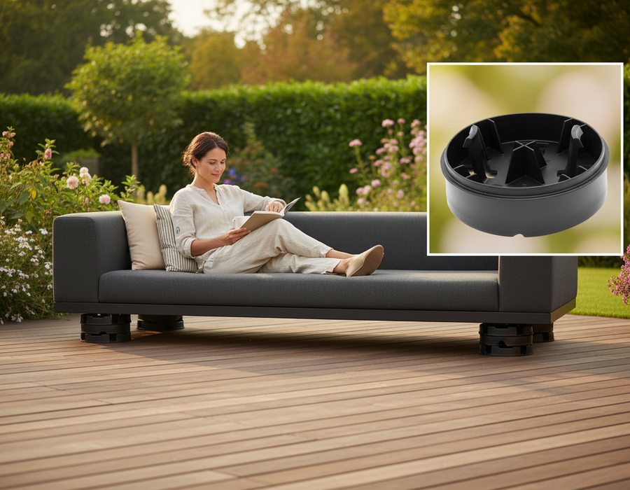 Woman relaxing on sofa elevated by Premium Adjustable Elevating Blocks for Cradles - 20mm Height Increase, 60 per Box for Enhanced Support, ideal for soundproof setups, ensuring acoustic stability and noise reduction.