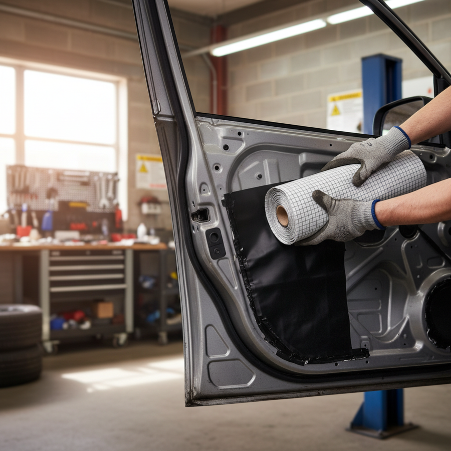 Technician applying Premium Sound Deadening and Insulation Mat 4.5mm Thick for Vehicles, featuring butyl rubber and closed cell foam, for superior noise reduction, sound insulation, and vibration damping in auto-repair garage.