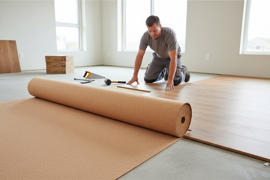 Man installing wood-look floor with Premium Natural Cork Underlay Roll, 1m x 8m, visible in foreground; perfect for soundproofing and acoustic insulation, ensuring noise reduction and vibration damping in various flooring applications.