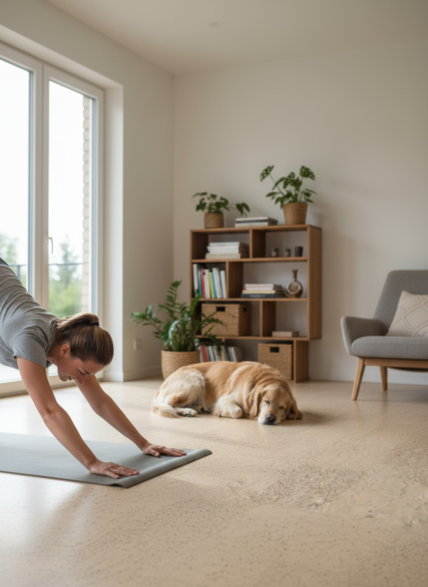 Woman practicing yoga on a Premium Natural Cork Flooring Tile, 600mm x 300mm, 4mm thick, creating a comfortable, sound-insulated living space with excellent noise reduction and acoustic properties.