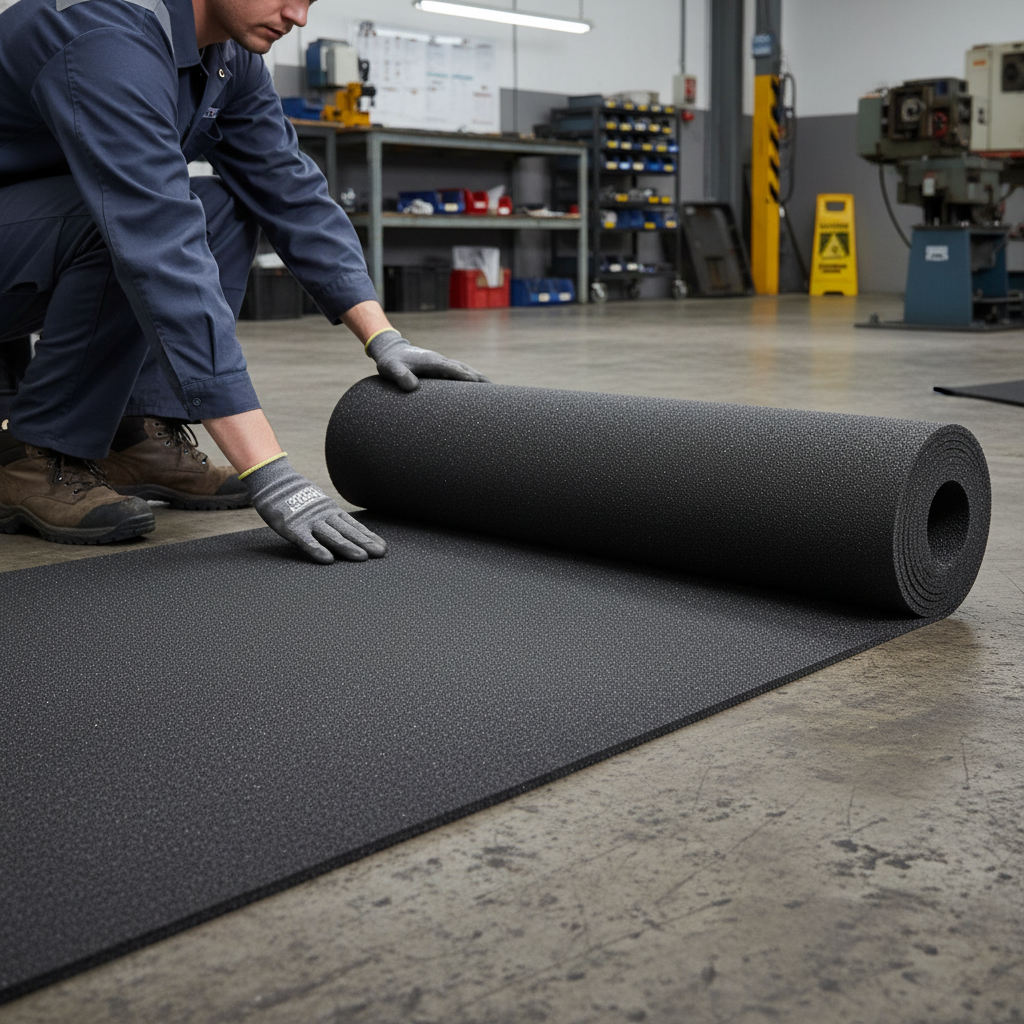 Worker unrolls Premium 6mm Resilient Acoustic Underlay for Enhanced Sound Insulation and Noise Reduction in Flooring Applications, ideal in soundproofing settings amidst tools and machinery, emphasizing durability and vibration damping.
