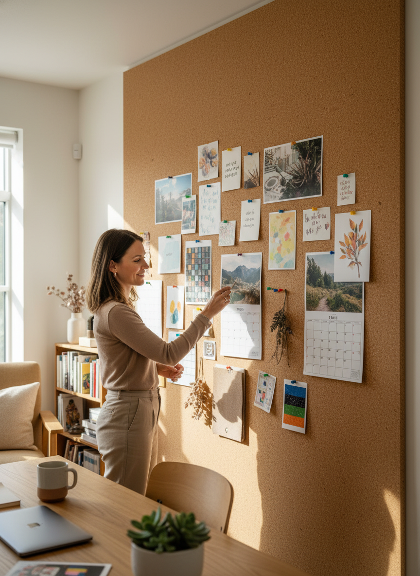 Woman adjusts items on a Premium Large Feature Wall Cork Roll for Interior Application - 2m x 1.22m, 6mm Thick Natural Cork, ideal for soundproof and acoustic enhancements in home-office settings.