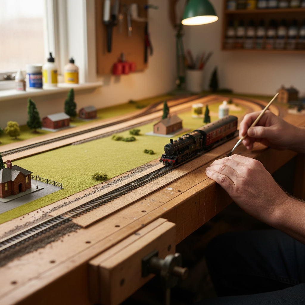 Premium Model Railway Cork Track Underlay Roll - 10 Meters Long, 4mm Thick for OO Gauge, enhances sound insulation. Shown on a workbench with tracks, detailing tools, and miniature railway elements.