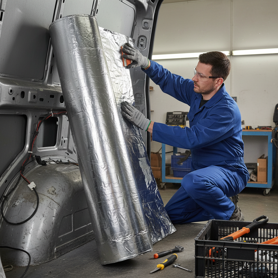 Tradesman fitting Professional 15mm High-Performance Van Insulation with Reinforced Aluminium Foil, enhancing heat and sound control. Tools beside him indicate ease of installation for effective acoustic and noise reduction.