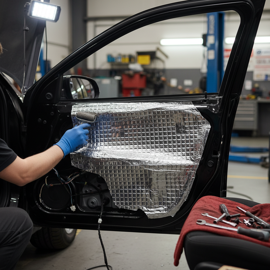 Technician using roller to apply Premium Sound Deadening Mat 2mm - 2.96sq.m Pack with High Flexibility and Excellent Adhesion to car door interior, enhancing soundproofing, acoustic insulation, and vibration damping.