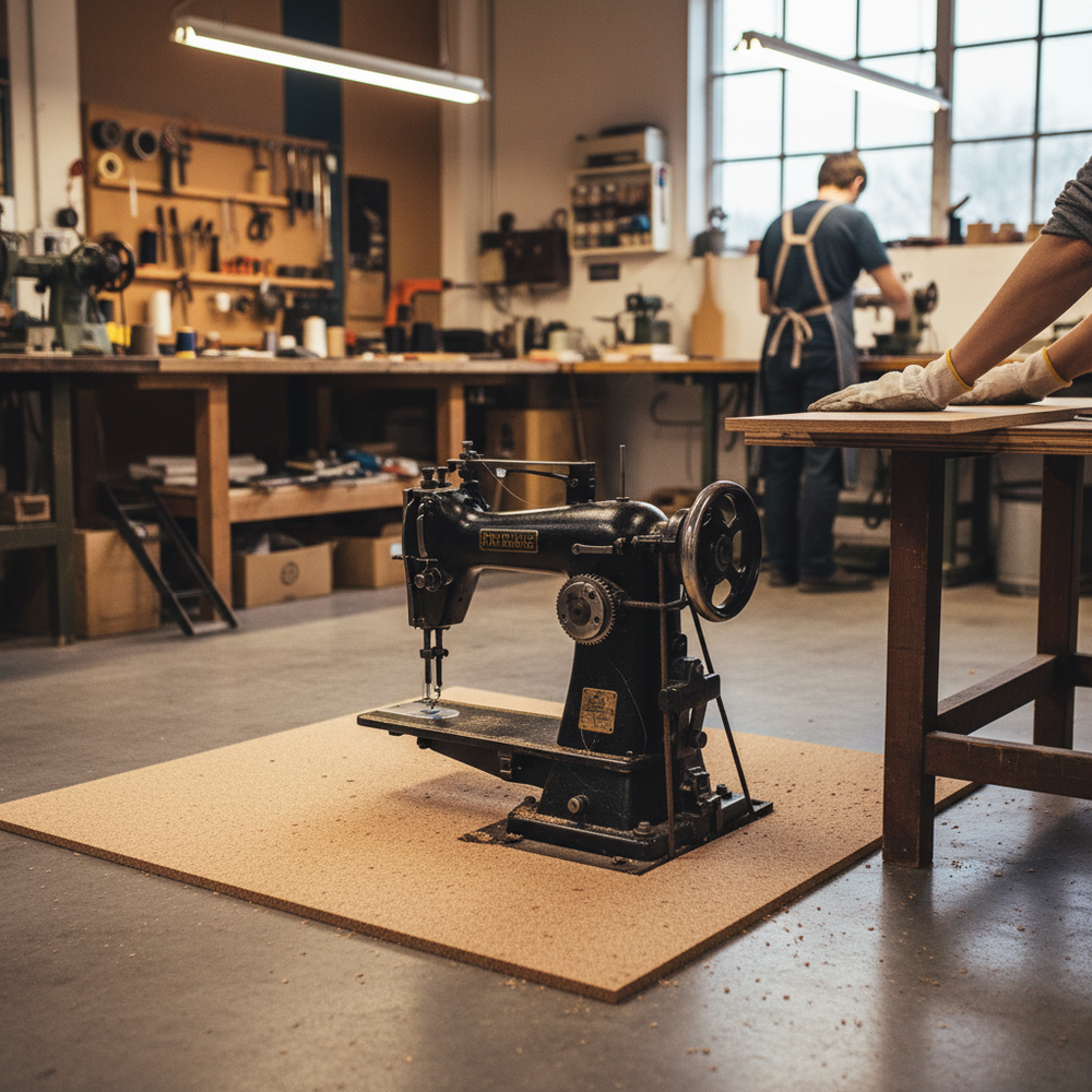 Premium Fine Grain Non-Adhesive Cork Sheets - 915mm x 610mm, 15mm Thick, 2 Pack for Wall Coverings and Pinboards, seen dampening vibrations under a cast-iron sewing machine in a busy craftsman's workshop.