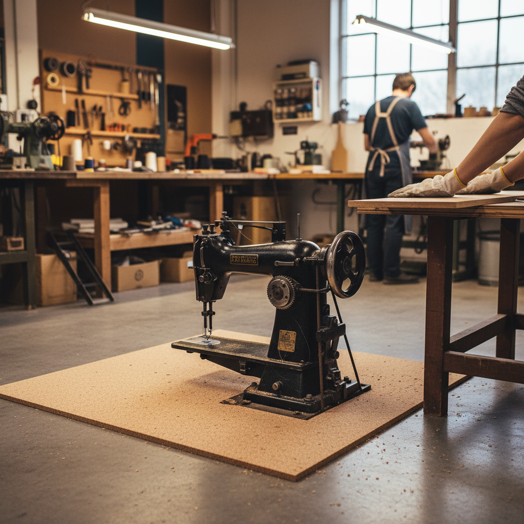 Premium Fine Grain Non-Adhesive Cork Sheets - 915mm x 610mm, 15mm Thick, 2 Pack for Wall Coverings and Pinboards, seen dampening vibrations under a cast-iron sewing machine in a busy craftsman's workshop.