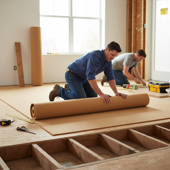 Workers install the Premium Fine Grain Large Cork Roll 6m x 1m - 6mm Thick for Interior Walls, ideal for soundproofing and acoustic insulation, over subfloor joists, showcasing its professional-grade application.