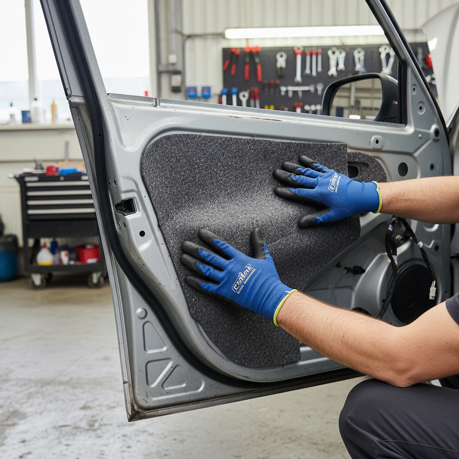 Applying Premium Self-Adhesive Acoustic Felt Sheet 800x500mm, 8mm Thickness for Noise Reduction and Thermal Insulation to a car door, demonstrating its soundproofing and acoustic insulation capabilities in a workshop setting.