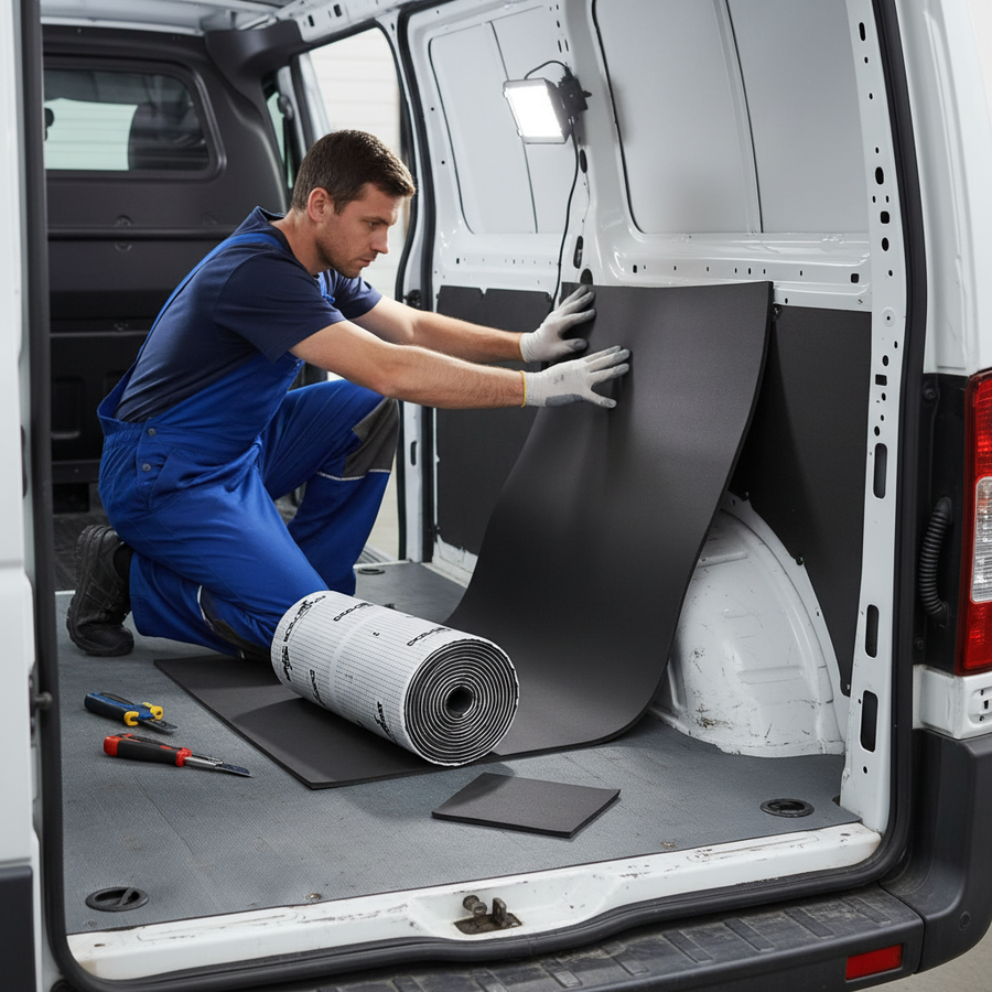Tradesman installing High-Performance Self-Adhesive Flexible Foam Liner for Vehicle Insulation—6mm thickness, 6sq.m coverage, water-resistant—inside van, showcasing acoustic and thermal benefits for soundproofing and vibration damping.