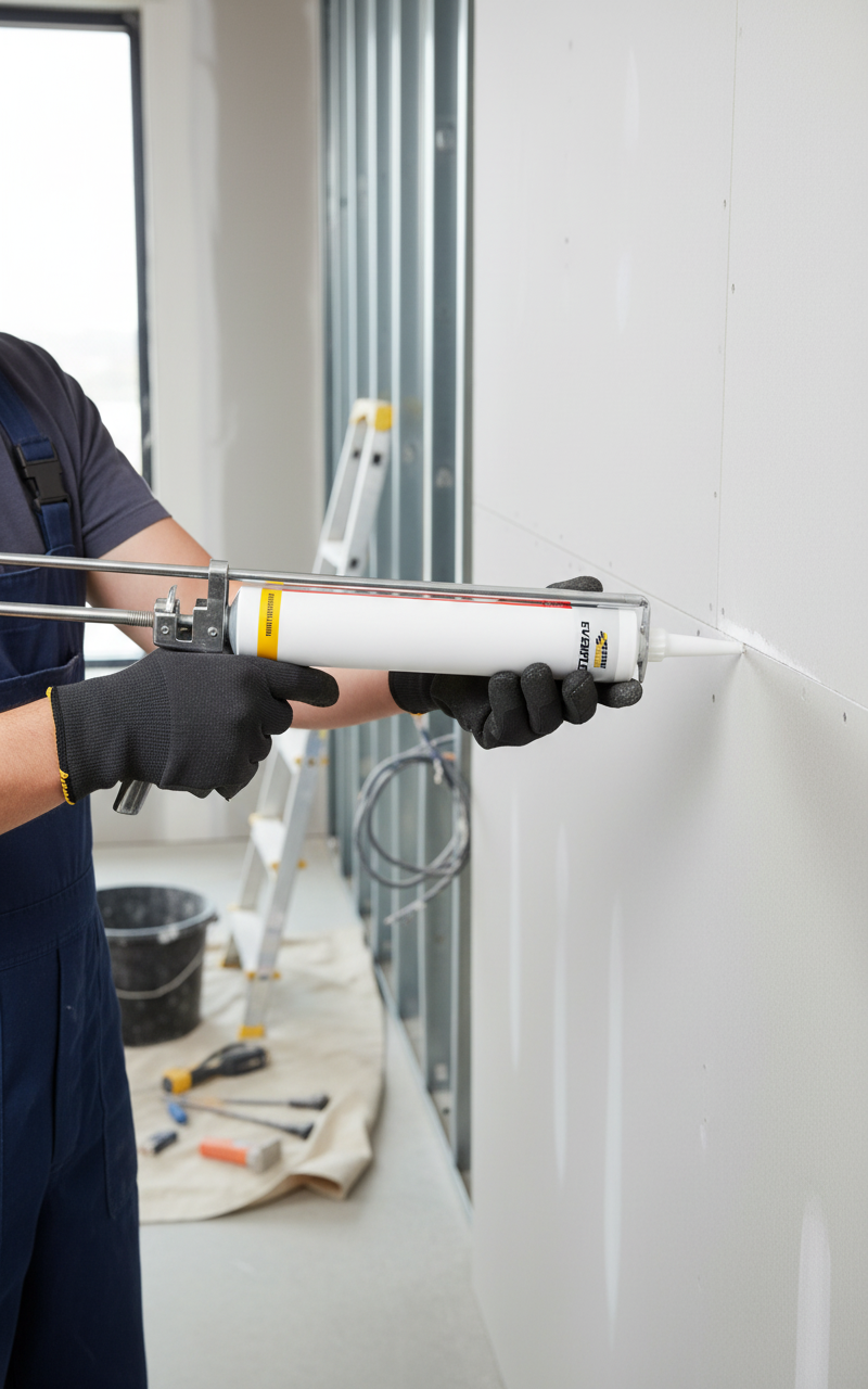 Tradesperson applying sealant in drywall; Sound Deadening UK Premium Soundproof Mat – 10mm Self-Adhesive, engineered for noise reduction and sound insulation in renovation settings. Ideal for acoustic and vibration damping in diverse environments.