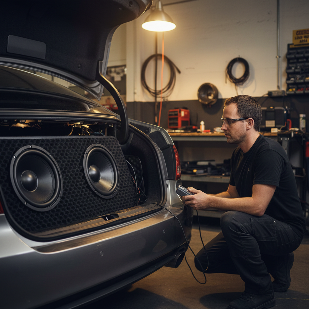 Man tuning audio system in a garage with open trunk showcasing the Premium Sound Absorber 15mm Foam Material - 4 Sheets for High Frequency Noise Reduction, designed for superior soundproofing and acoustic insulation.