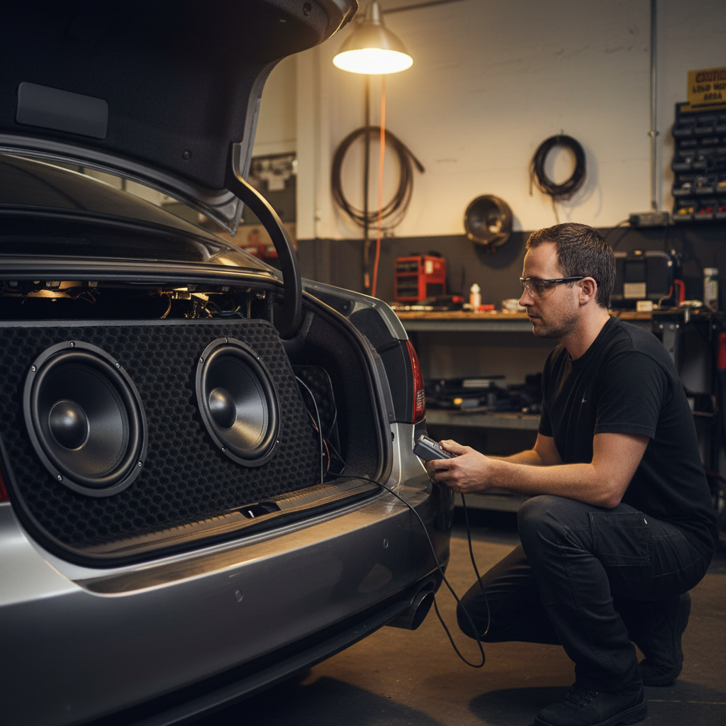 Man tuning audio system in a garage with open trunk showcasing the Premium Sound Absorber 15mm Foam Material - 4 Sheets for High Frequency Noise Reduction, designed for superior soundproofing and acoustic insulation.