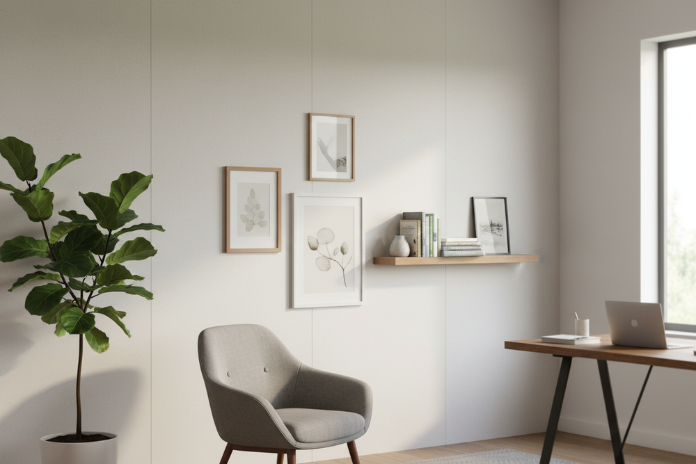 High-Performance Fibre Gypsum Board 12.5mm offers robust soundproofing in modern interiors, visible in a minimalist office nook with a desk, chair, and plants, highlighting acoustic insulation and eco-friendly construction.