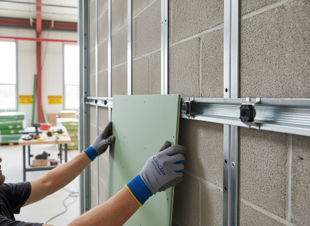 Gloved hands install a green drywall panel on a metal stud frame using a Premium Top Hat Furring Channel 1850mm, designed for high-performance sound insulation and acoustic noise reduction.