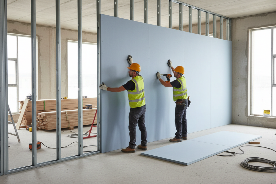 Tradesmen install Premium Heavy Duty 12.5mm Plasterboard for Sound Insulation, 2400 x 1200mm, 31.7kg per Sheet, ideal for acoustic noise reduction and soundproofing, in an unfinished room.