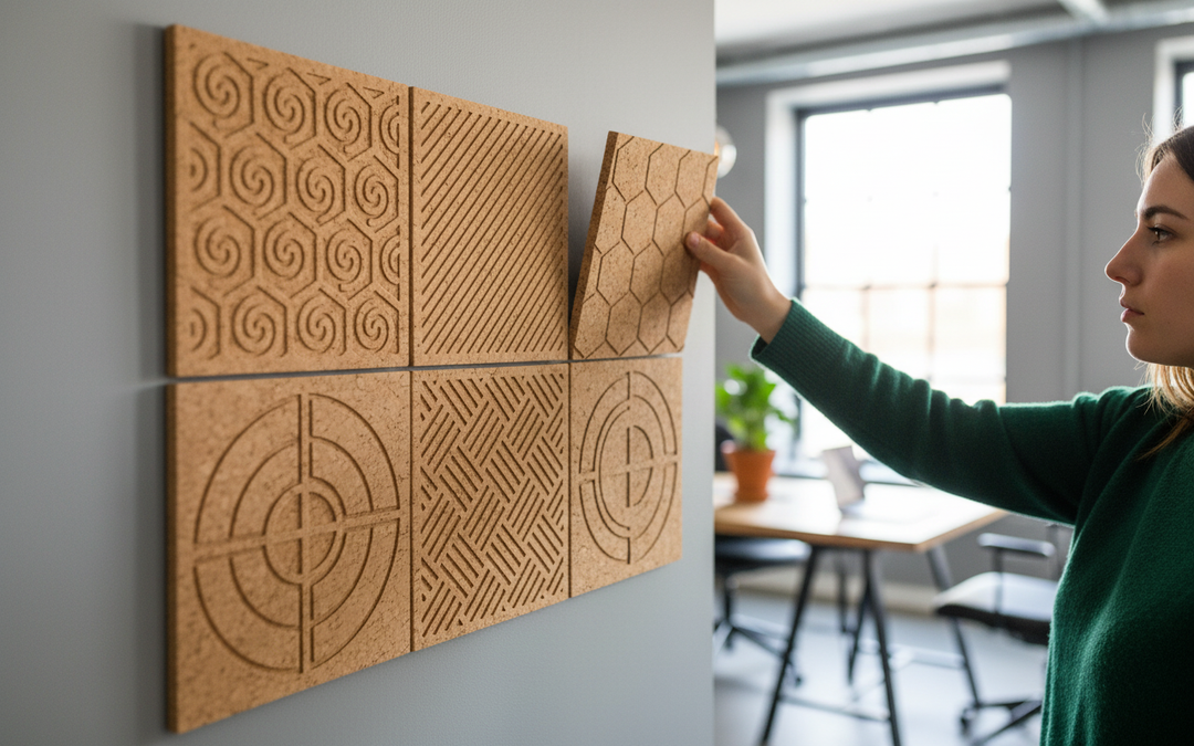 Premium Patterned Decorative Cork Wall Tiles Samples - Customizable Sizes for Interior Design, featuring soundproof and acoustic properties. Six geometric-patterned tiles in a 2x3 grid, perfect for noise reduction and sound insulation.