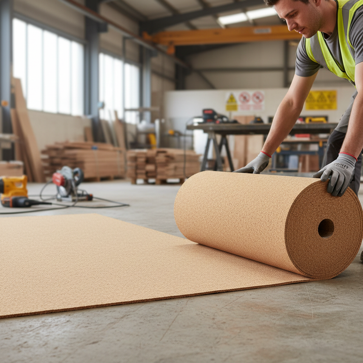 Man in a workshop unrolls the Premium Fine Grain Large Cork Roll - 7 Metres x 1 Metre - 8mm Thick for Interior Walls, ideal for soundproofing and acoustic insulation, amid tools and lumber.