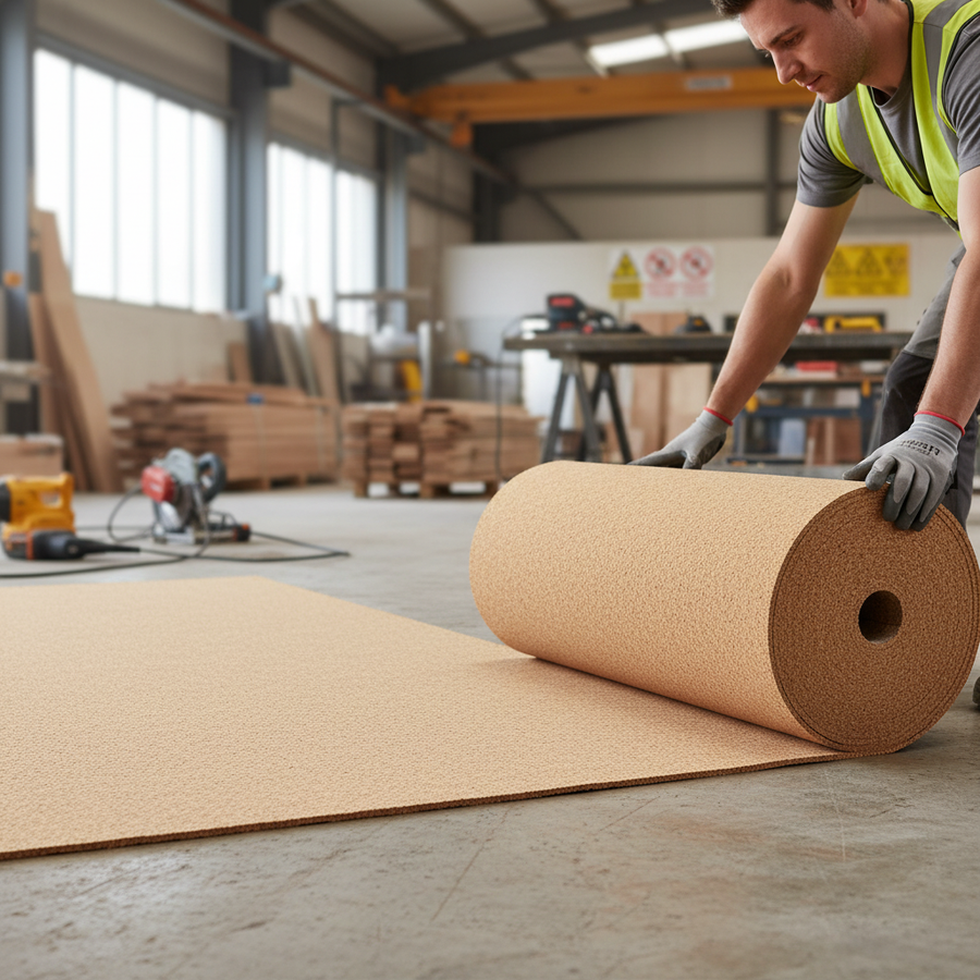 Man in a workshop unrolls the Premium Fine Grain Large Cork Roll - 7 Metres x 1 Metre - 8mm Thick for Interior Walls, ideal for soundproofing and acoustic insulation, amid tools and lumber.