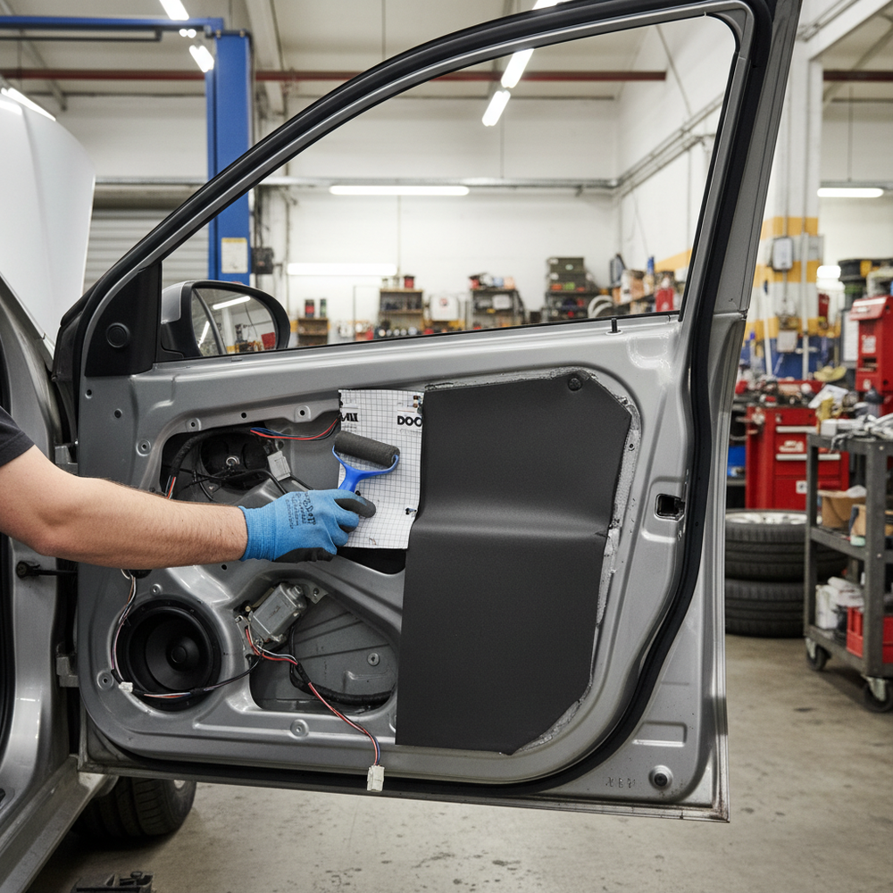 Technician applying Premium Heavy Duty Sound Deadening and Insulation Mat for Vehicles - 7mm Thickness with Peel & Stick Application to car door interior, showcasing soundproofing, acoustic insulation, and vibration damping features.