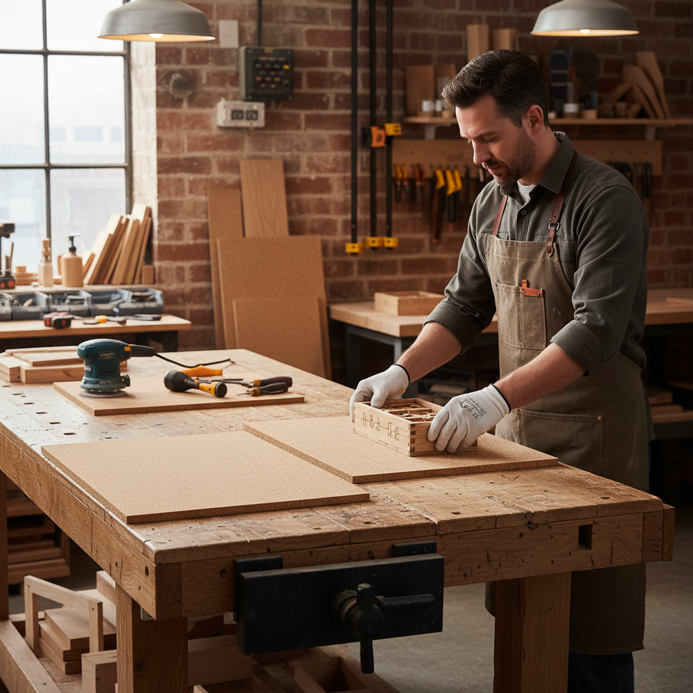 Woodworker in a workshop inspects Premium Fine Grain Non-Adhesive Cork Sheets 610mm x 450mm - 30mm Thick, Pack of 4, ideal for soundproofing, acoustic applications, noise reduction, and vibration damping.