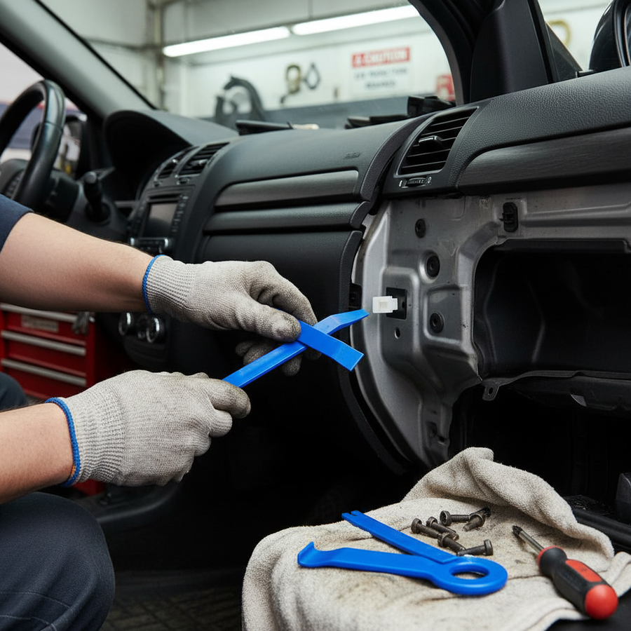Close-up of gloved hands using the Premium 5 Piece Trim Removal Tool Set for Upholstery, Clips, and Mouldings, showcasing its strong, non-damaging design ideal for soundproofing and noise reduction tasks.