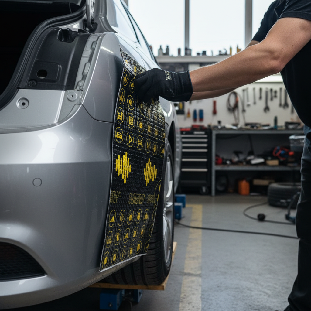 Technician applies Premium Professional Deadening Mats for Noise and Vibration Reduction - 2mm Thickness, 2.96sq.m Coverage to a car's rear panel, showcasing soundproof and acoustic insulation capabilities for effective noise reduction.