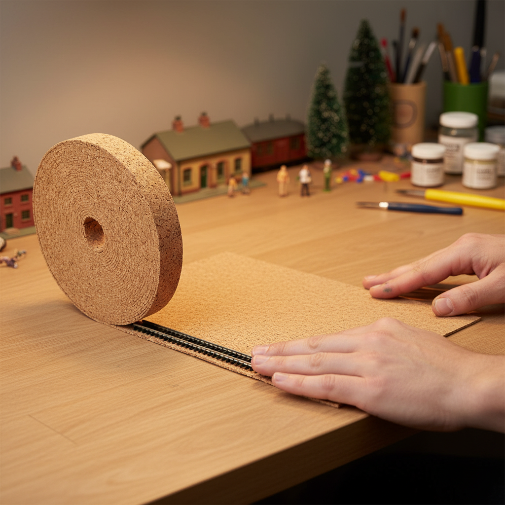Premium Model Railway Cork Track Underlay Roll - 10 Meters Long, 4mm Thick for OO Gauge, smoothed over model-railroad track, enhancing sound insulation and providing a stable base, with tools and miniature accessories nearby.