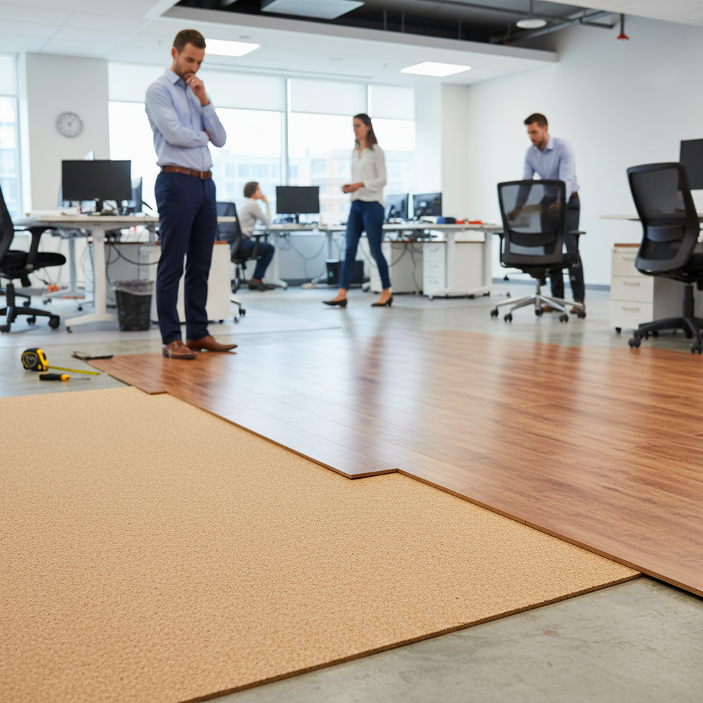 Premium Fine Grain Large Cork Roll - 10m x 1m - 6mm Thick for Interior Walls shown in a modern office, ideal for soundproofing and acoustic insulation. Interlocking wood-grain planks partially installed over tan underlayment nearby.