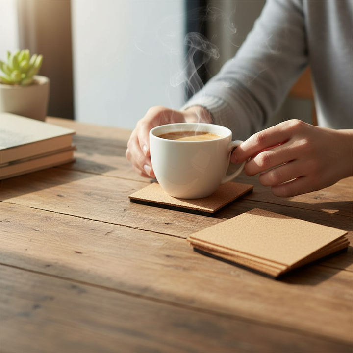 Hands hold a steaming coffee mug on a Premium Adhesive Coaster Cork Sheet, 90mm x 90mm, 2mm thick, from a 50 pack. Ideal for soundproof, acoustic, and noise reduction applications.