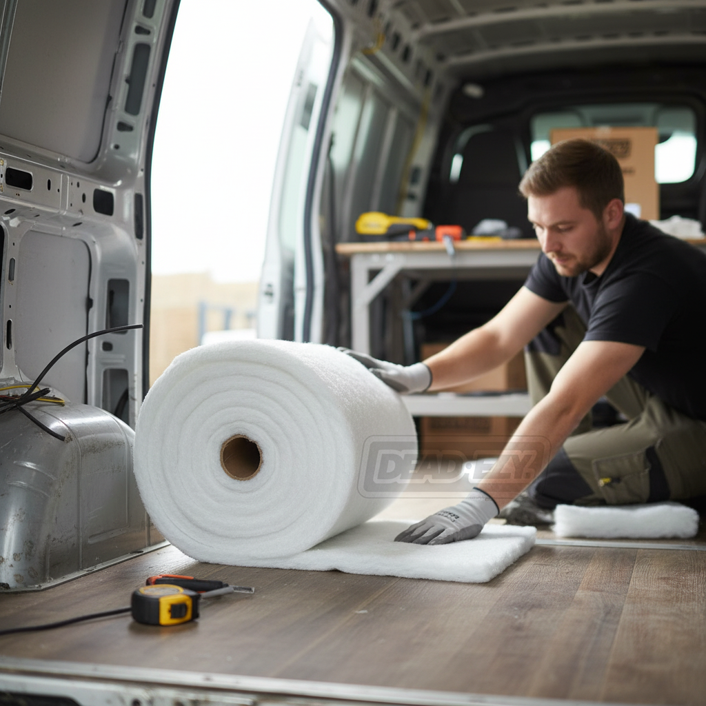 Man fitting Premium 35mm Ecofill Insulation Quilt Roll - 3.7sq.m Coverage for Sustainable Vehicle Insulation in van, showcasing soundproof and acoustic noise reduction capabilities with nearby tools and materials.