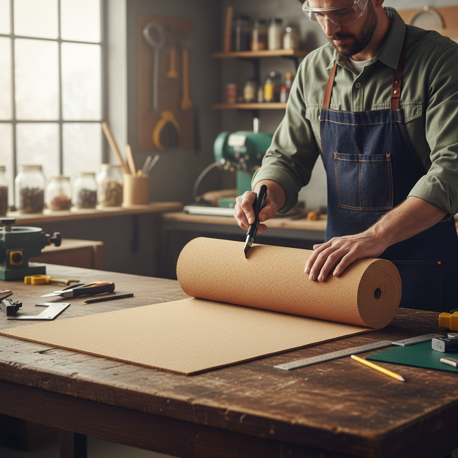 Craftsman cutting a Premium Fine Grain Large Cork Roll 4m x 1m - 4mm Thick for Interior Walls, ideal for soundproofing and acoustic insulation, on a workbench with tools, highlighting its professional-grade quality.