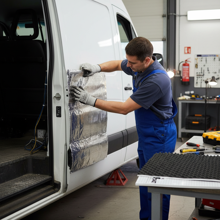 Technician installs Premium Small Van Insulation and Sound Deadening Kit with 10mm Liner and 2mm Deadening, enhancing acoustic comfort and thermal regulation in a white cargo van. Ideal for noise reduction and vibration damping.