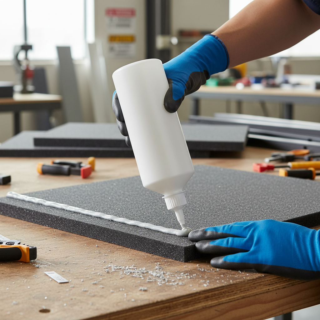 Hands in blue gloves applying Premium High-Performance Panel Adhesive for Construction to a dark grey foam panel, emphasizing soundproofing, acoustic insulation, and vibration damping, ideal for professional and DIY use.