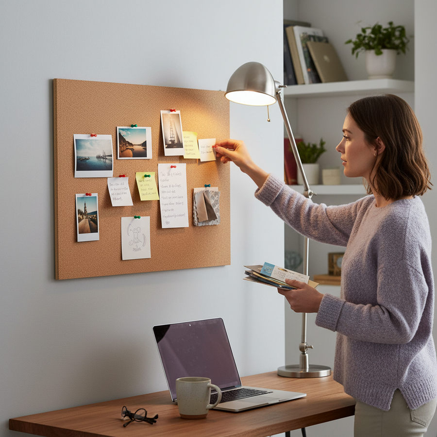 The image displays a Premium Custom Size Square Edges MDF Backed Cork Pinboard - 9mm MDF with 10mm Cork Sheet for Home and Office Use, ideal for organizing creative spaces while enhancing soundproofing and acoustic insulation.