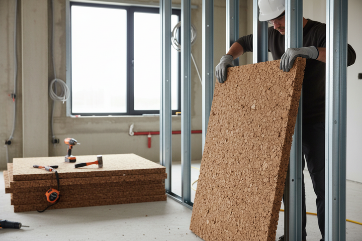 Worker installing Premium Insulation Cork Board Pack of 15 Sheets 1000mm x 500mm - 20mm Thick for Energy Efficiency and Acoustic Insulation; soundproof, noise reduction, and vibration damping in construction setting.