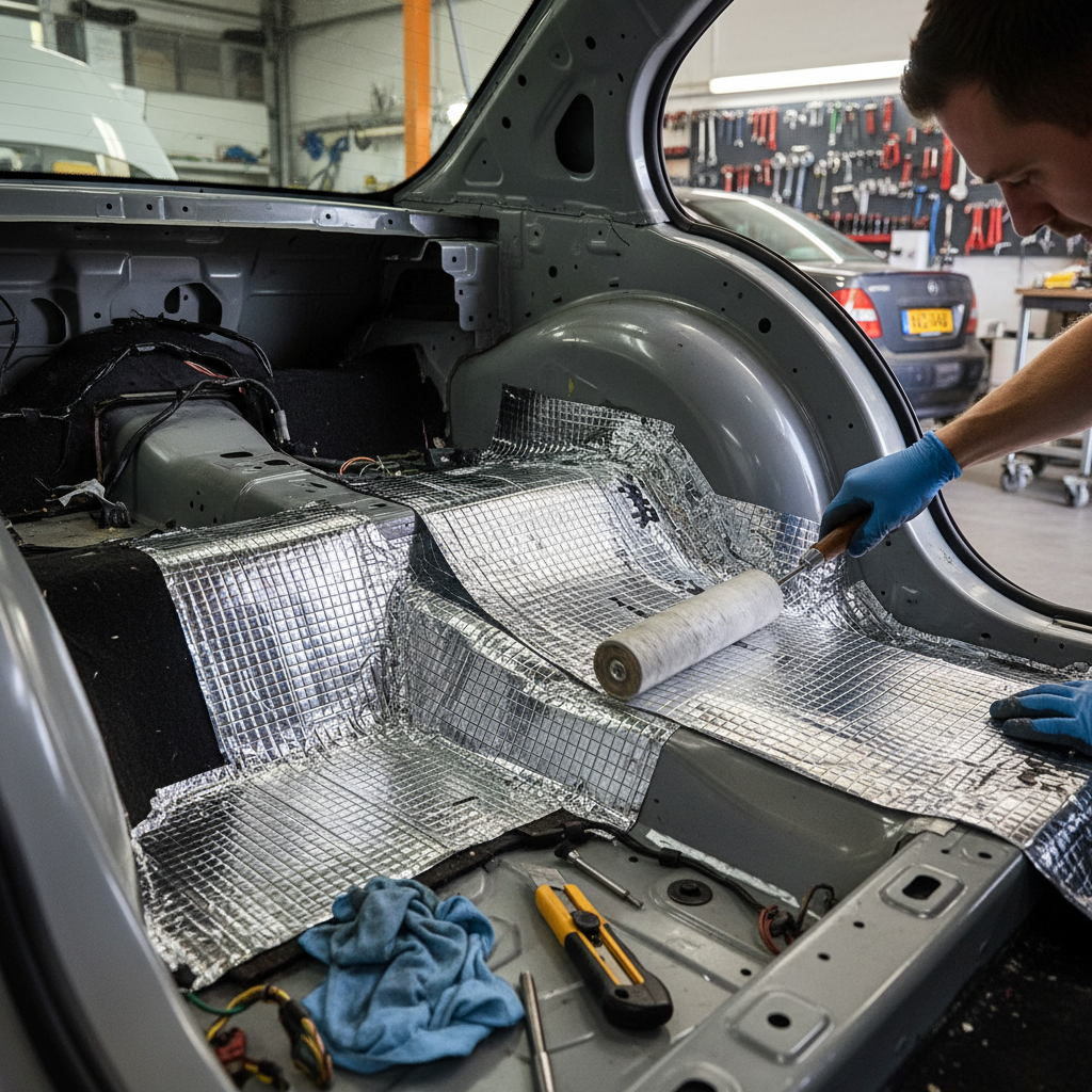 Technician applying Premium Self-Adhesive Sound Deadening Roll - 5m Foil Backed Butyl Construction for Noise Reduction and Vibration Dampening, enhancing vehicle's acoustic insulation and soundproofing with professional installation tools visible nearby.