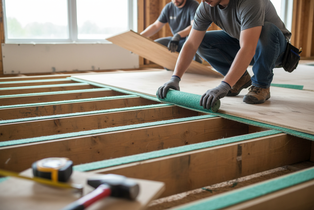 Two construction workers install the Premium Acoustic Joist Strip for Impact Sound Reduction - 10mm Thick, 1.37m x 50mm Dimensions, unrolling green underlayment on joists, highlighting its soundproofing and acoustic insulation benefits.