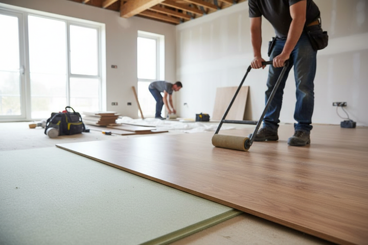 Construction workers install Premium Acoustic Floor System MDF 6mm with tongue and groove design, ensuring soundproofing and noise reduction in a room. Features foam underlayment and heavy roller for secure adhesion.