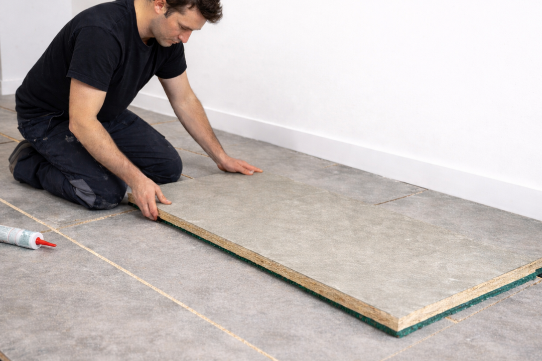 Person installing SilentCloud™ MassDeck 33, a high-mass acoustic floating floor system, aligning panels with adhesive, illustrating soundproof and noise reduction capabilities for lightweight construction.
