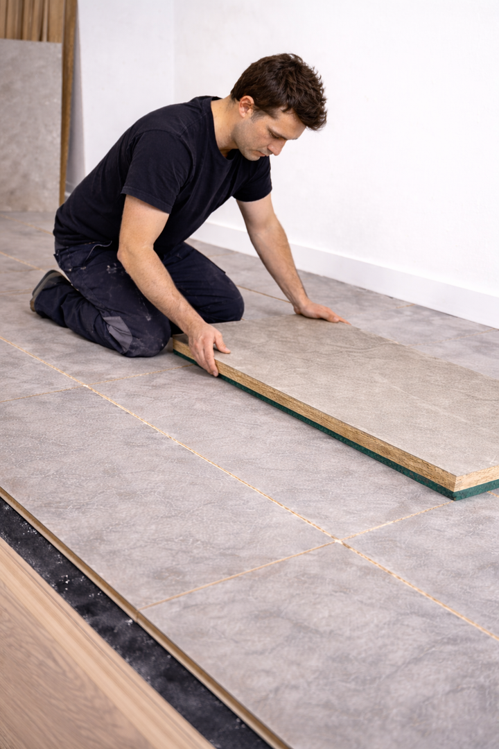Man installing SilentCloud™ MassDeck 33, a high-mass acoustic floating floor system, designed for lightweight and timber frame construction, enhancing soundproofing, noise reduction, and sound insulation in compliance with UK Building Regulations.