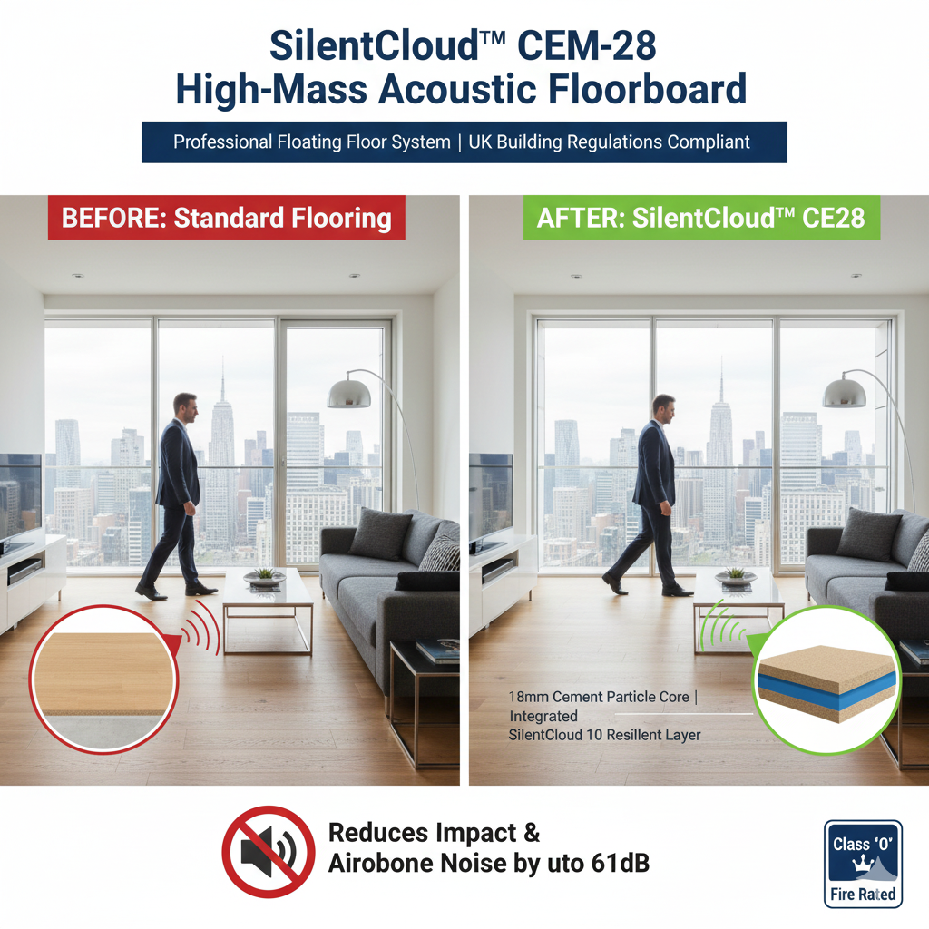 SilentCloud™ CEM-28 High-Mass Acoustic Floorboard: A split image displays superior soundproofing with reduced noise icons, featuring an inset cross-section of the high-mass floorboard with integrated acoustic layer, ensuring effective noise reduction.