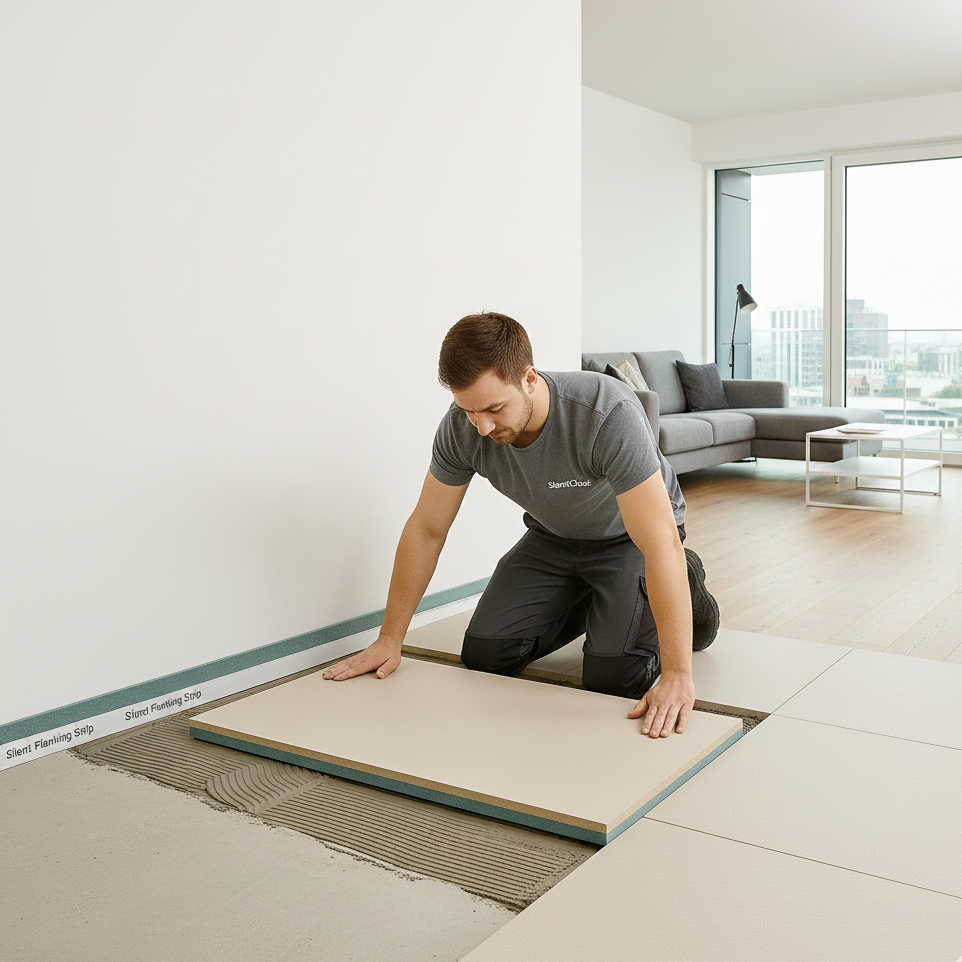 Tradesman installing SilentCloud™ CEM-28 High-Mass Acoustic Floorboard in a modern living room, featuring perimeter isolation strips for enhanced soundproofing and acoustic insulation. Ideal for noise reduction and sound insulation.